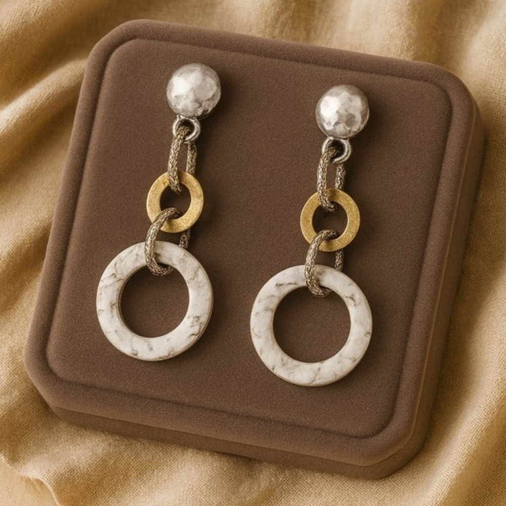Premier Designs MILAN Two-Tone Hammered Earrings Matte Gold Silver 2.5” EUC #177